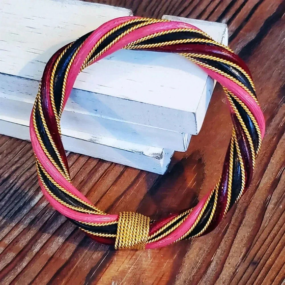Handcrafted Twisted Rattan Red Pink Bangle Bracelet Gold Pink Burgundy Black - Picture 1 of 7